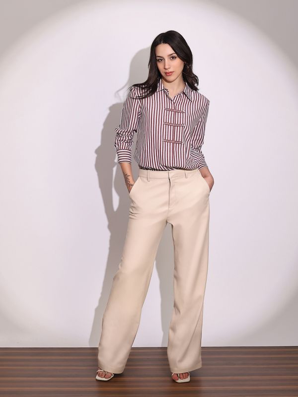 Globus Women Brown Striped Collared Neck Cuffed Sleeves Chinese Tab Oversized Workwear Shirt