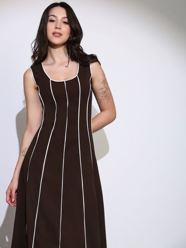 Globus Women Brown Scoop Neck Stripes Design Flared Hem A-Line Maxi Dress