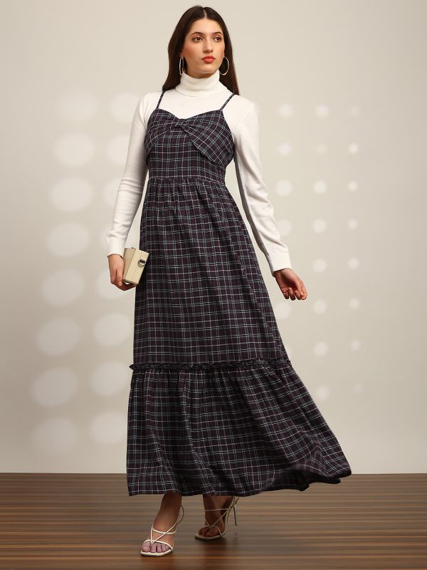 Globus Women Red Checkered Strappy Sleeves Sweetheart Neck Bow Detail Smocked Tiered Fit & Flare Maxi Dress