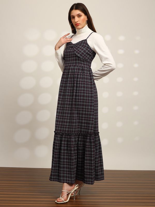 Globus Women Red Checkered Strappy Sleeves Sweetheart Neck Bow Detail Smocked Tiered Fit & Flare Maxi Dress
