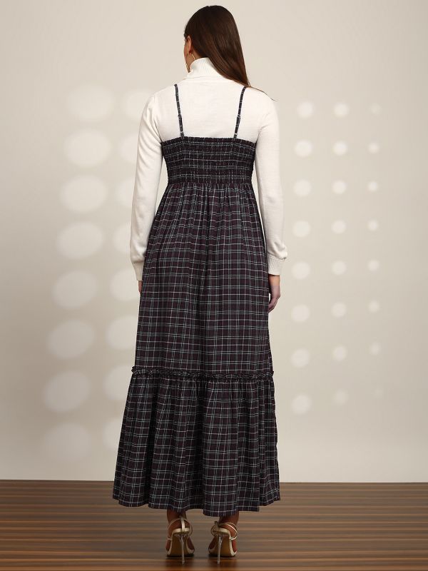 Globus Women Red Checkered Strappy Sleeves Sweetheart Neck Bow Detail Smocked Tiered Fit & Flare Maxi Dress