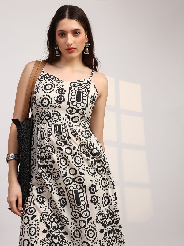 Globus Women Black Ethnic Printed V-Neck Strappy Sleeves Smocked Tiered Fit & Flare Maxi Dress