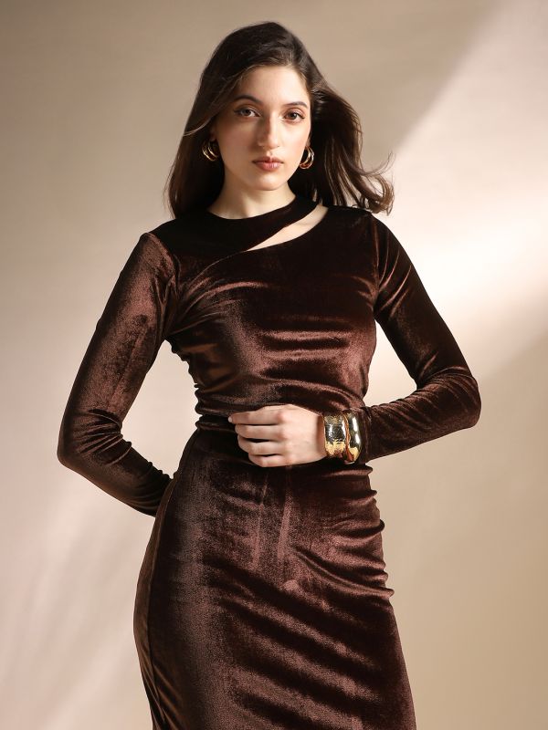 Globus Women Brown Round Neck Long Sleeves Cut-Out Detail Velvet Bodycon Party Dress