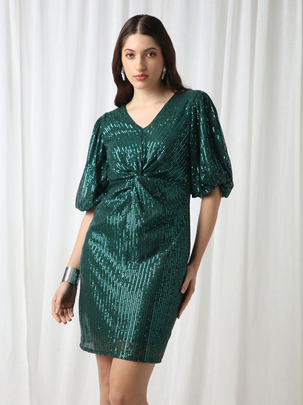 Globus Women Green V-Neck Puff Sleeves Embellished Twisted Detail Mini Bodycon Party Dress