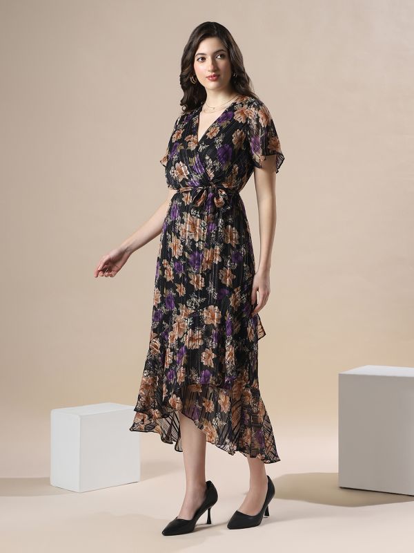 Globus Women Black Floral Print Wrap V-Neck Flare Short Sleeve Waist Belted Tie-Ups Fit & Flare Asymmetric Hem Midi Dress