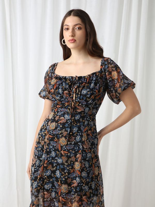 Globus Women Blue Square Neck Puff Sleeves Floral Print Tie-Up Detail Fit & Flare Midi Dress