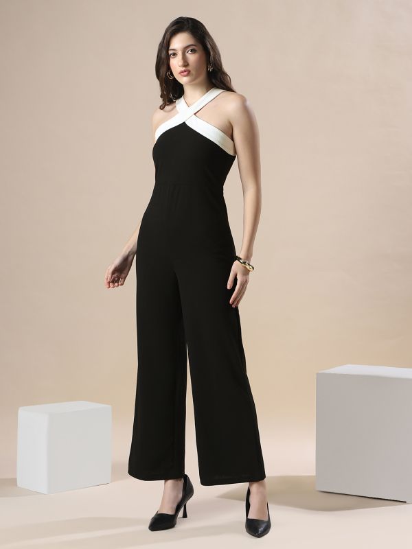 Globus Women Black Halter Neck Stylized Back Party Wear Jumpsuit