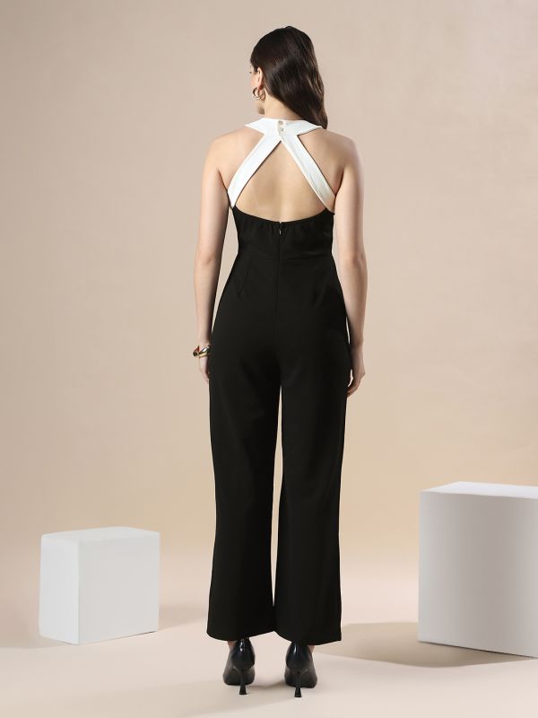 Globus Women Black Halter Neck Stylized Back Party Wear Jumpsuit