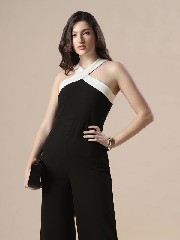 Globus Women Black Halter Neck Stylized Back Party Wear Jumpsuit