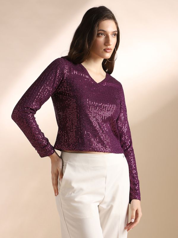 Globus Women Burgundy V-Neck Long Sleeves Sequin Embellished Party Top