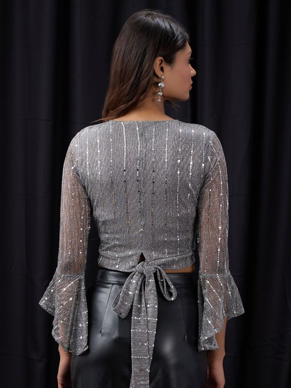 Globus Women Grey V-Neck Flared Sleeves Embellished Sheen Waist Tie-Up Party Crop Top