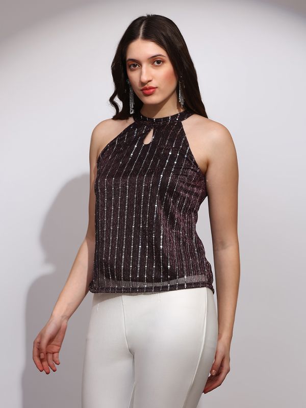 Globus Women Brown Spangle Embellished Halter Keyhole Neck Sleeveless Party Top
