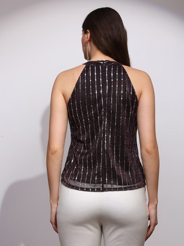 Globus Women Brown Spangle Embellished Halter Keyhole Neck Sleeveless Party Top