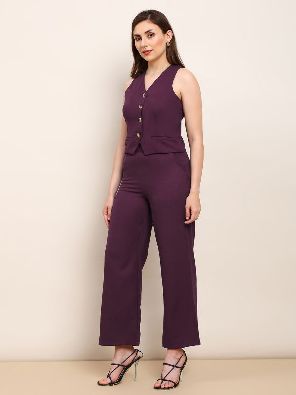 Globus Women Burgundy V-Neck Solid Front Pocket Detail Waistcoat with Trousers Workwear Co-ord Set