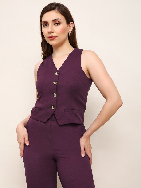 Globus Women Burgundy V-Neck Solid Front Pocket Detail Waistcoat with Trousers Workwear Co-ord Set