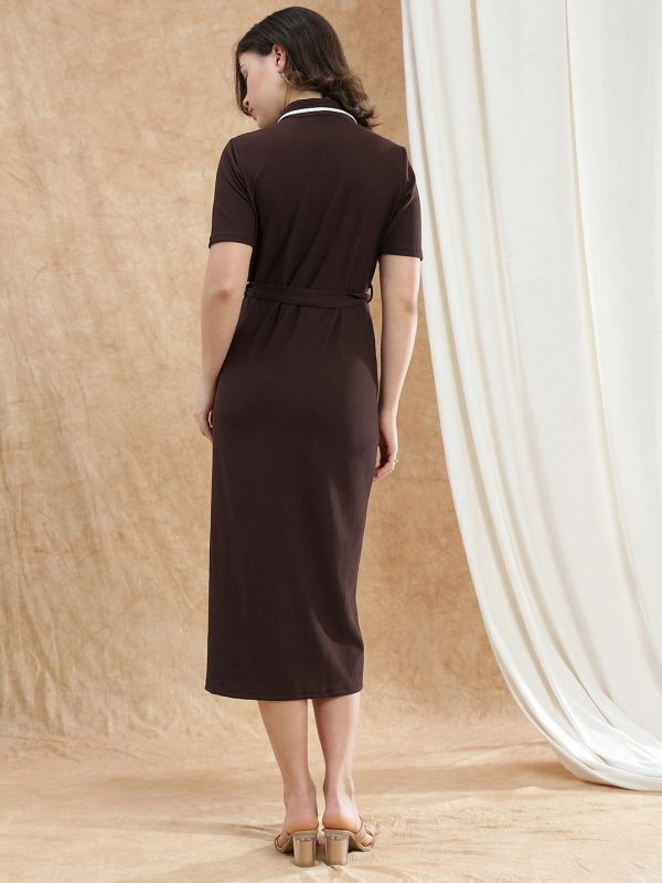 Globus Women Brown Collared Neck Short Sleeves Self Design Midi Workwear Shirt Dress With Belt