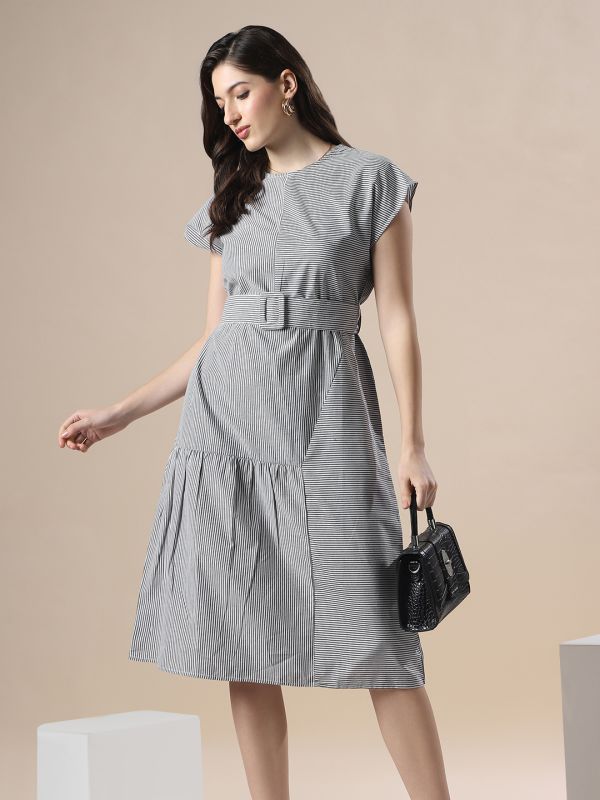 Globus Women Multi Striped Boat Neck Extended Sleeve  Belted Detail Knee Length Fit & Flare Dress