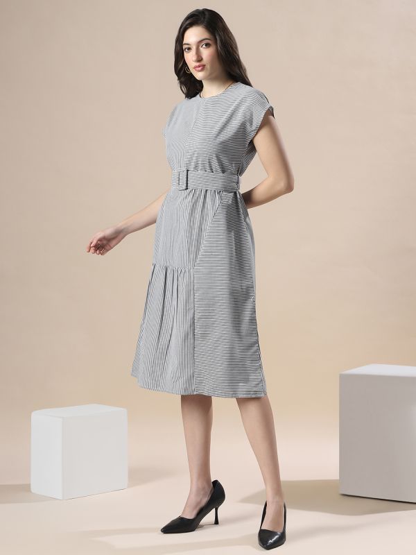 Globus Women Multi Striped Boat Neck Extended Sleeve  Belted Detail Knee Length Fit & Flare Dress