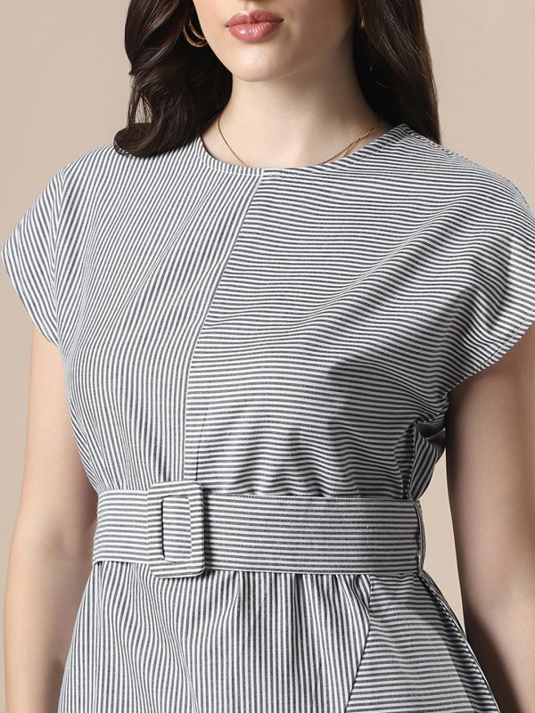 Globus Women Multi Striped Boat Neck Extended Sleeve  Belted Detail Knee Length Fit & Flare Dress