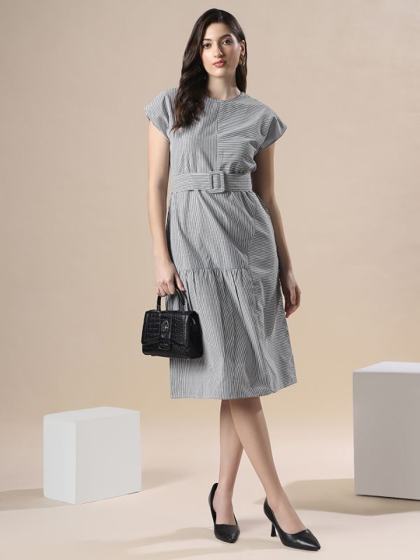 Globus Women Multi Striped Boat Neck Extended Sleeve  Belted Detail Knee Length Fit & Flare Dress