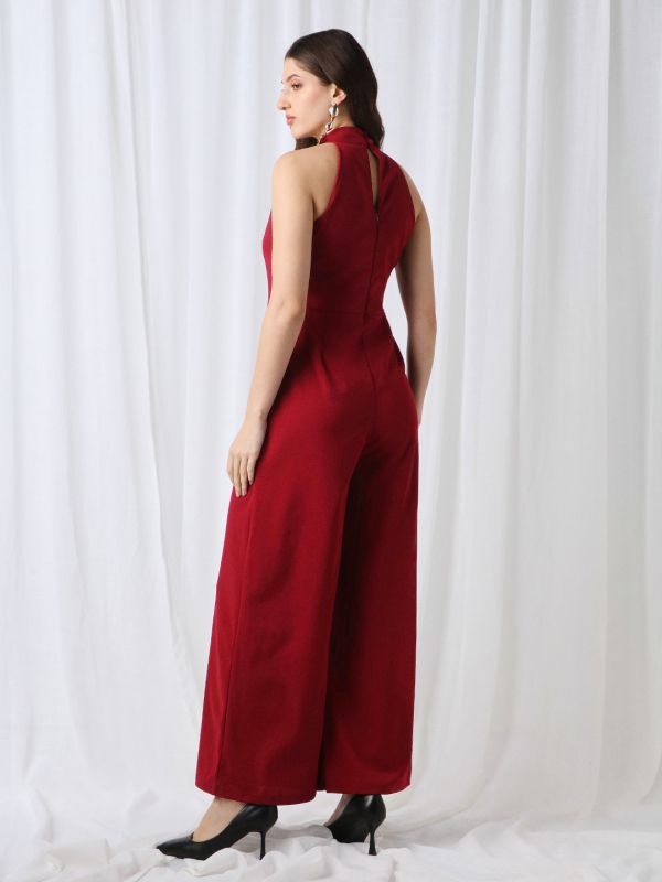 Globus Women Maroon Twisted Halter Neck Sleeveless Pleated Detailing Wide leg Jumpsuit