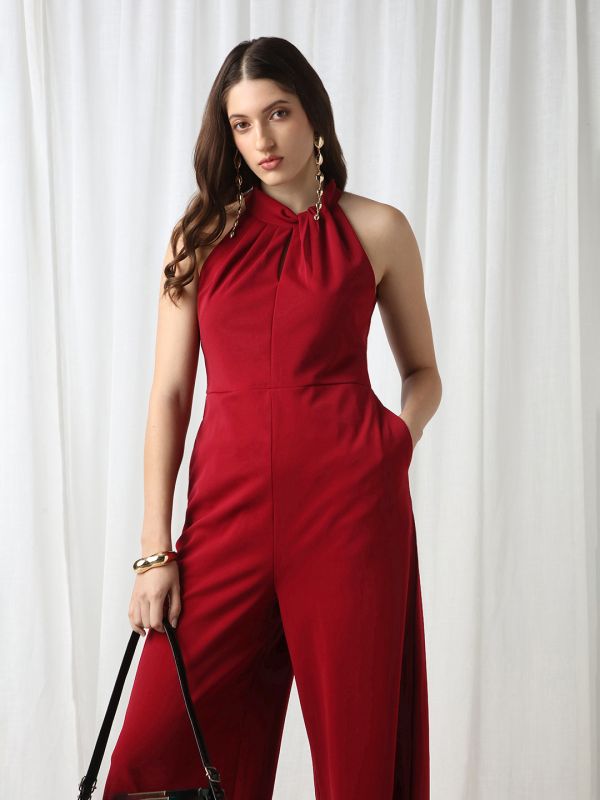 Globus Women Maroon Twisted Halter Neck Sleeveless Pleated Detailing Wide leg Jumpsuit