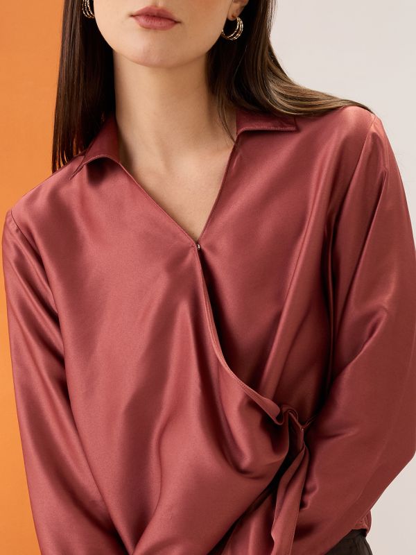 Globus Women Pink Solid Shirt Collar Cuffed Sleeves Twisted Buckle Detail Shirt Style Party Top