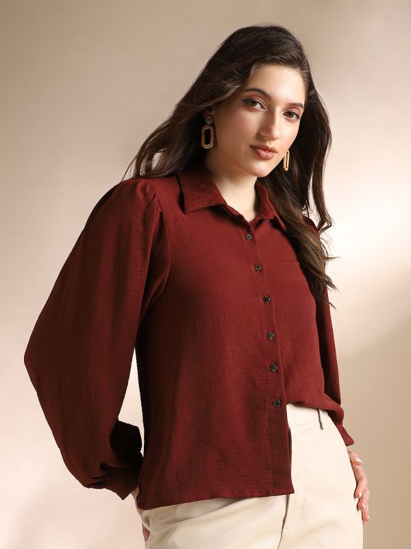Globus Women Maroon Self Design Collared Neck Puff Sleeves Workwear Shirt