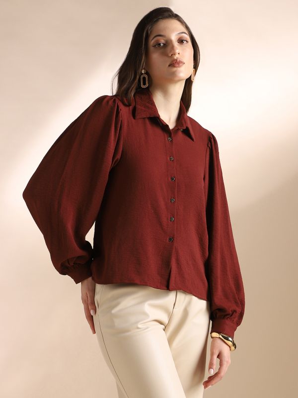 Globus Women Maroon Self Design Collared Neck Puff Sleeves Workwear Shirt