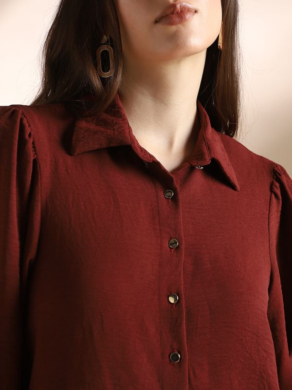Globus Women Maroon Self Design Collared Neck Puff Sleeves Workwear Shirt