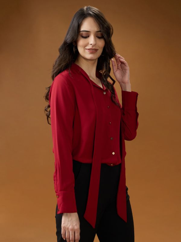 Globus Women Red Collared Neck Tie Detail Cuff Sleeves Party Shirt