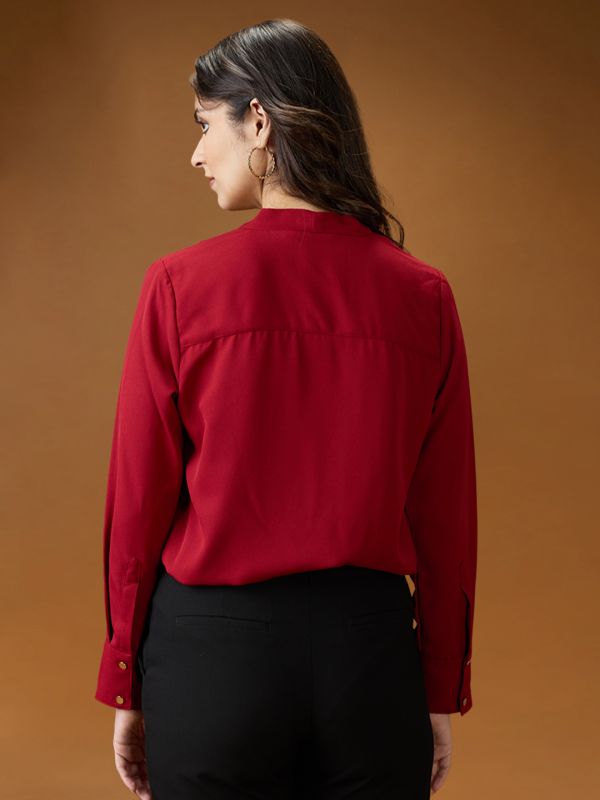 Globus Women Red Collared Neck Tie Detail Cuff Sleeves Party Shirt