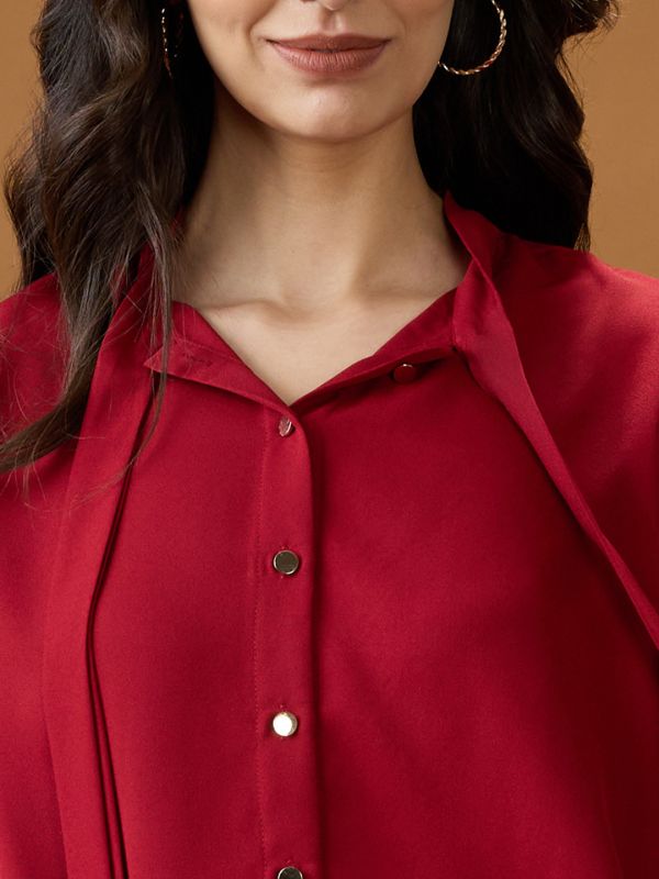 Globus Women Red Collared Neck Tie Detail Cuff Sleeves Party Shirt