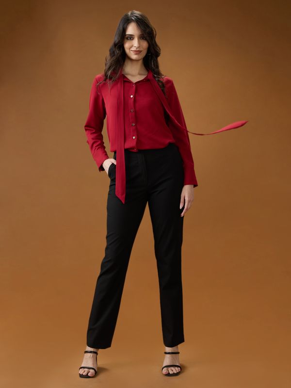Globus Women Red Collared Neck Tie Detail Cuff Sleeves Party Shirt