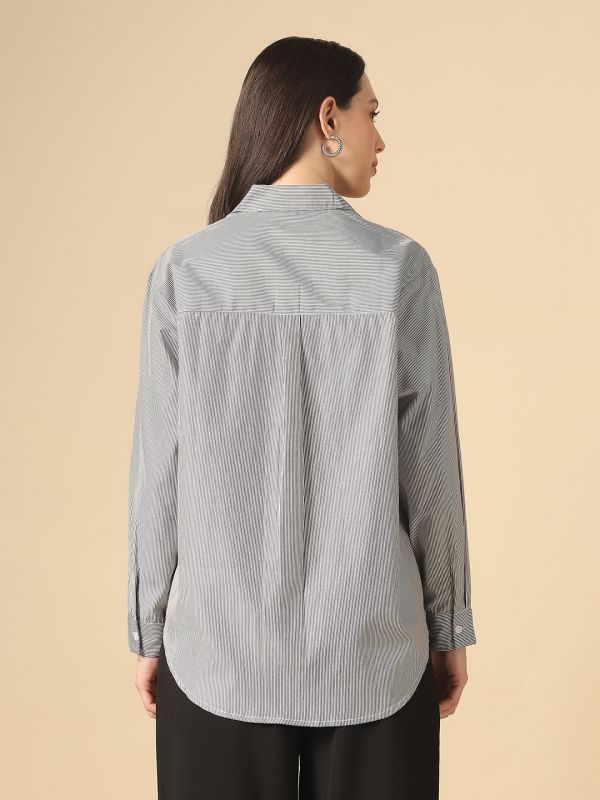 Globus Women Black Collared Neck Cuffed Sleeves Multi Stripes Curved Hem Oversized Workwear Shirt