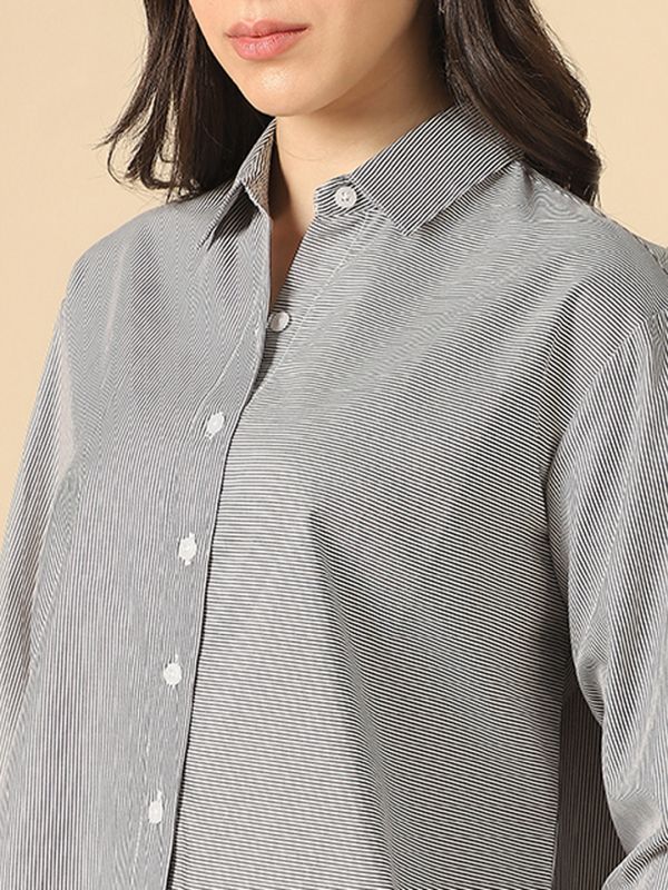 Globus Women Black Collared Neck Cuffed Sleeves Multi Stripes Curved Hem Oversized Workwear Shirt