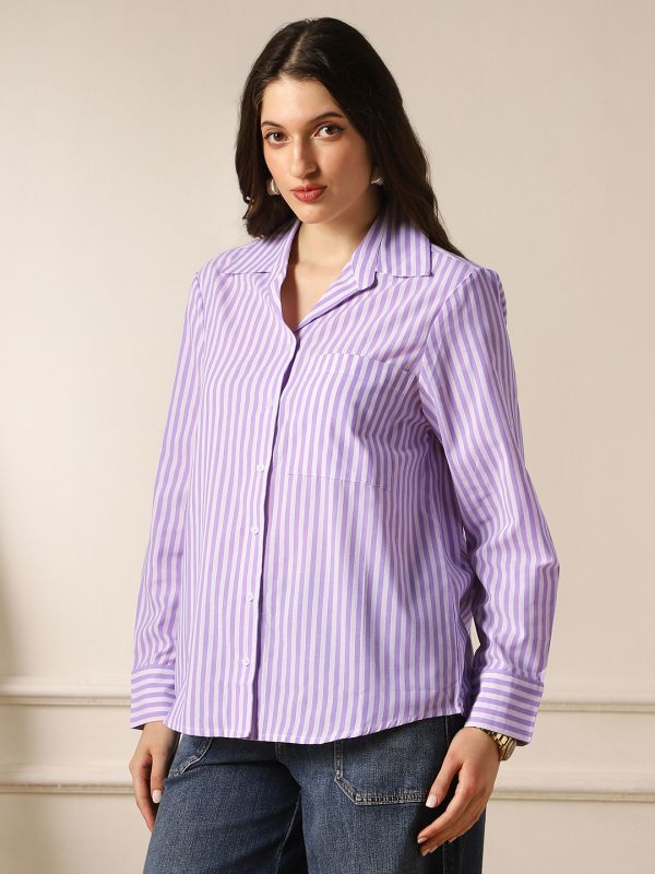 Globus Women Lavender Striped Collared Neck Cuffed Sleeves Front Pocket Curved Hem Workwear Shirt