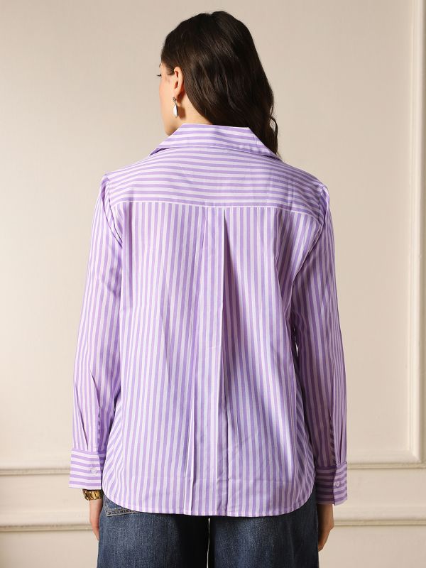 Globus Women Lavender Striped Collared Neck Cuffed Sleeves Front Pocket Curved Hem Workwear Shirt