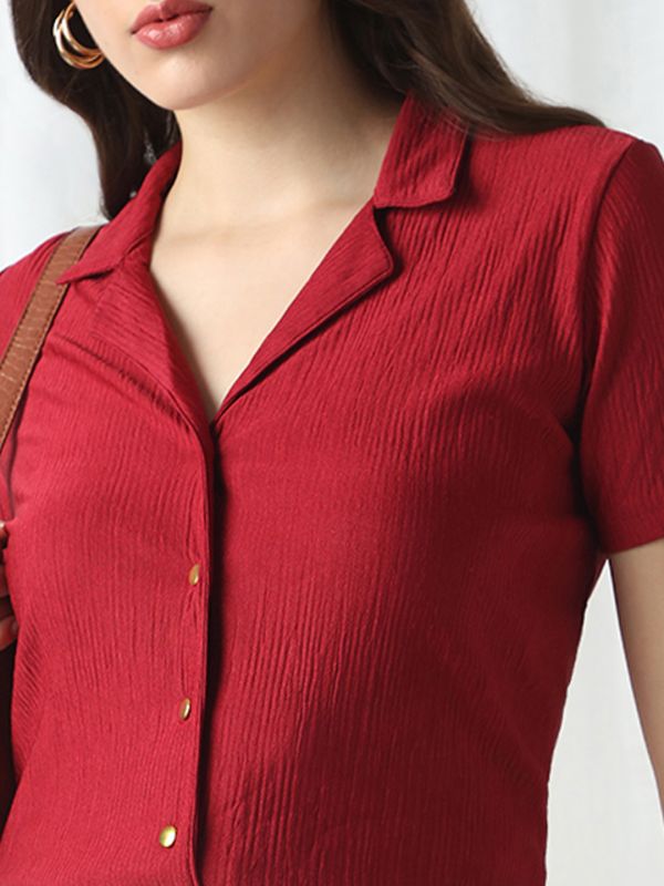 Globus Women Maroon Cuban Collar Short Sleeves Self Design Slim Fit Workwear Top
