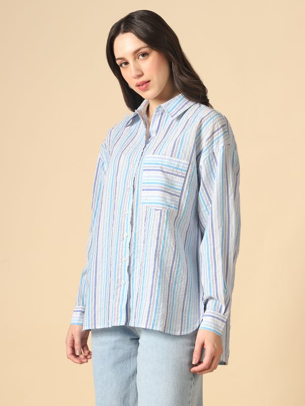 Globus Women Blue Collared Neck Cuffed Sleeves Multi Stripes Patch Pocket Curved Hem Oversized Shirt