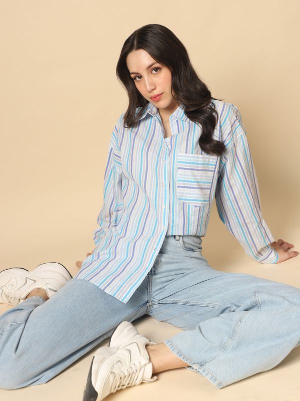 Globus Women Blue Collared Neck Cuffed Sleeves Multi Stripes Patch Pocket Curved Hem Oversized Shirt
