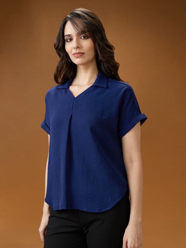 Globus Women Blue Collared Neck Extended Sleeves Self Design Shirt Style Workwear Top