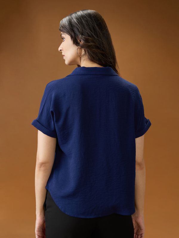 Globus Women Blue Collared Neck Extended Sleeves Self Design Shirt Style Workwear Top