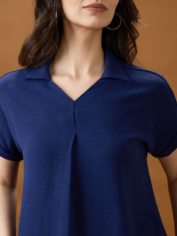 Globus Women Blue Collared Neck Extended Sleeves Self Design Shirt Style Workwear Top