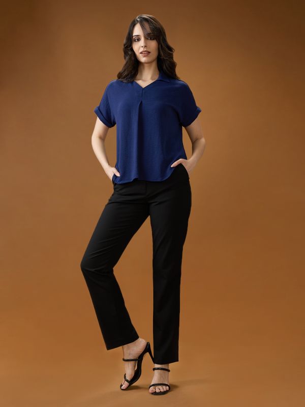 Globus Women Blue Collared Neck Extended Sleeves Self Design Shirt Style Workwear Top