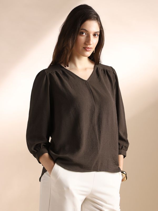 Globus Women Brown Self Design V-Neck Gathered Detail Workwear Top