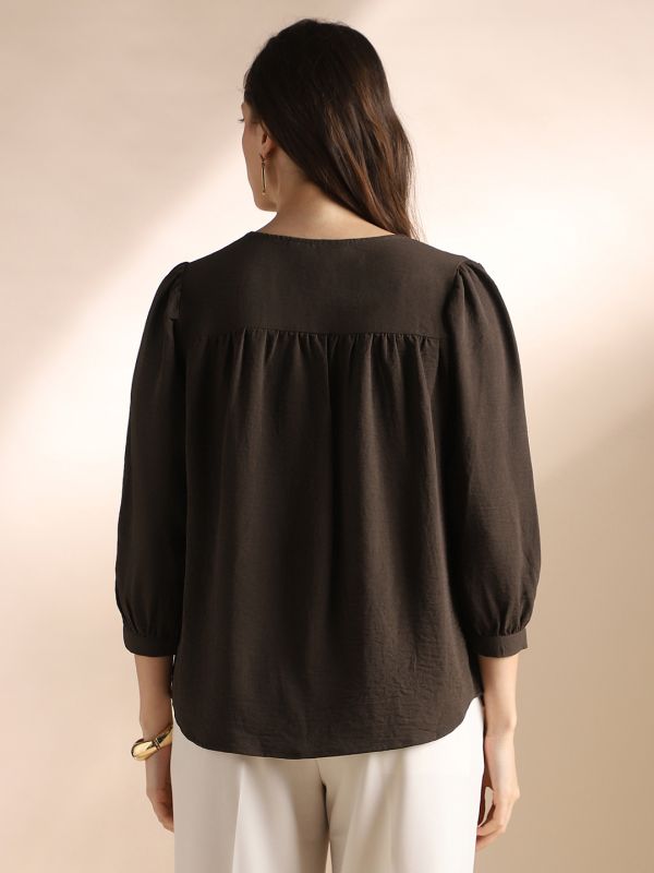 Globus Women Brown Self Design V-Neck Gathered Detail Workwear Top