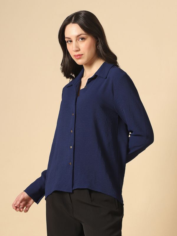 Globus Women Blue Collared Neck Cuffed Sleeves Self Design Curved Hem Workwear Shirt