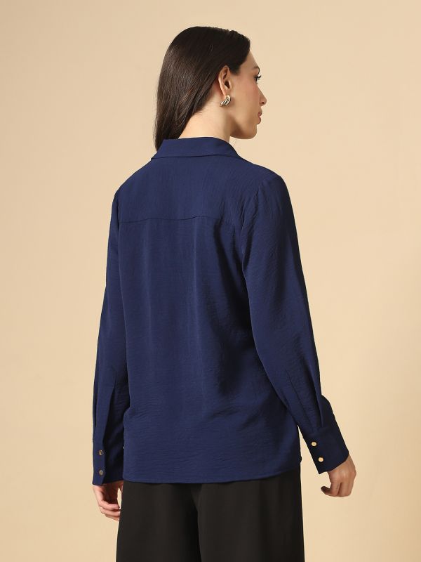 Globus Women Blue Collared Neck Cuffed Sleeves Self Design Curved Hem Workwear Shirt