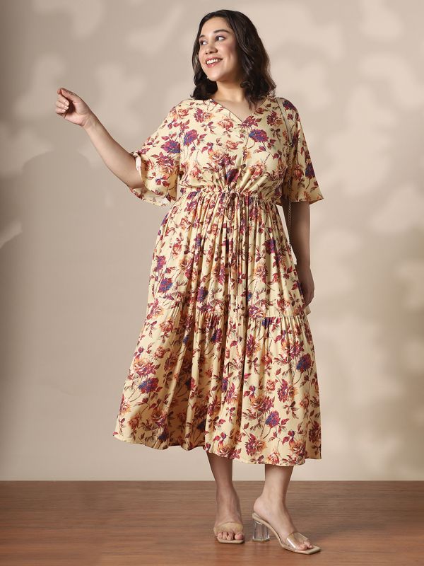 Globus Gloplus Women Cream Floral Printed V-Neck Flared Sleeves Waist Tie-Ups Fit & Flare Tiered Plus Size Midi Dress